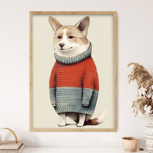 冬のセーターを着たコーギー、可愛い犬のイラスト ポスター