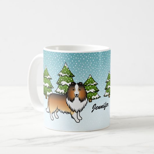 冬のセーブルシェルティのキャラクター犬と名前 コーヒーマグカップ (正面左)