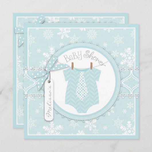 冬のタイおよび雪片のプリントの男の子のベビーシャワー 招待状 (正面/裏面)