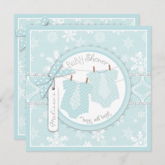 冬のタイ及び雪片の対の男の子のベビーシャワー 招待状 (正面/裏面)