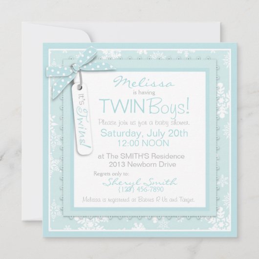 冬のタイ及び雪片の対の男の子のベビーシャワー 招待状 (裏面)