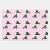 冬のタクシーもみの木のパターンピンクのクリスマス ラッピングペーパーシート (正面2)