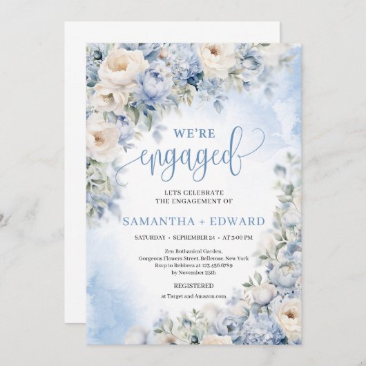 冬のダスティブルーとアイボリーの花婚約した 招待状 (正面/裏面)