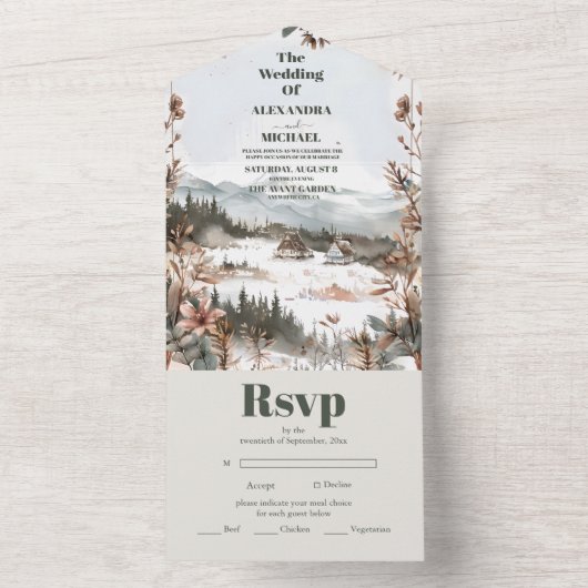 冬のダスティブルーマウンテンミニマル結婚リスト オールインワン招待状 (内側)