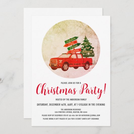 冬のツリーヴィンテージレッドトラッククリスマスパーティー 招待状 (正面/裏面)