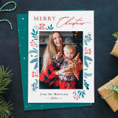 冬のティール(緑がかった色)葉フローラ果実クリスマスフォト シーズンカード