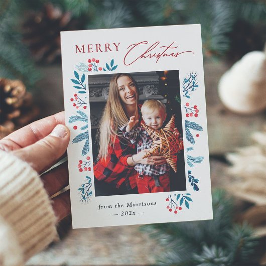 冬のティール(緑がかった色)葉フローラ果実クリスマスフォト シーズンカード