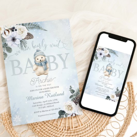 冬のテディベア男の子の赤ちゃんシャワー 招待状