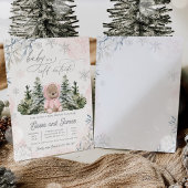 冬のテディベア雪片ピンクの女の子ベビーシャワー 招待状