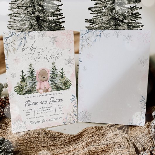 冬のテディベア雪片ピンクの女の子ベビーシャワー 招待状