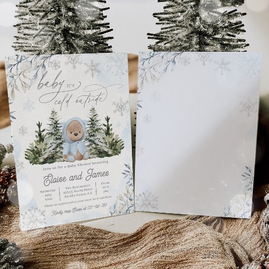冬のテディベア雪片ブルーボーイベビーシャワー 招待状