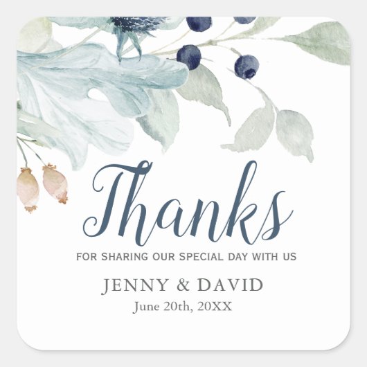 冬のテーマのSqの青と緑の結婚葉 スクエアシール (正面)