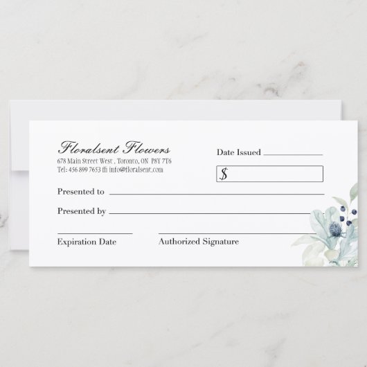 冬のテーマフローラギフト証明書 (裏面)