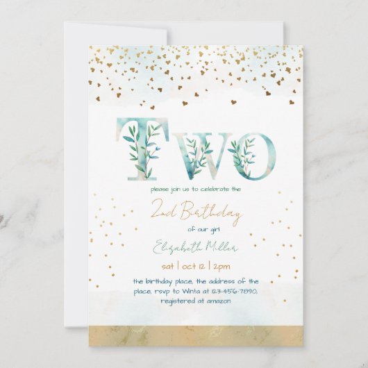 冬のテーマブルー金ゴールドグリッター2 2nd誕生日 招待状 (正面)