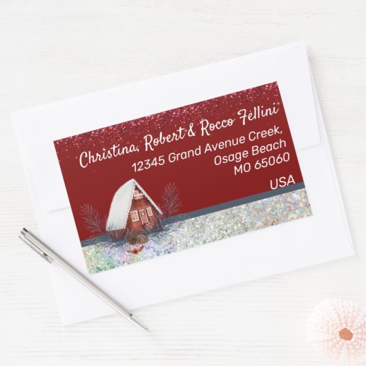 冬のテーマ雪の家オンレッドカスタム 長方形シール (封筒)