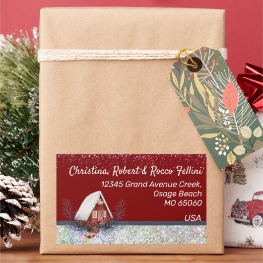 冬のテーマ雪の家オンレッドカスタム 長方形シール (クリスマス)