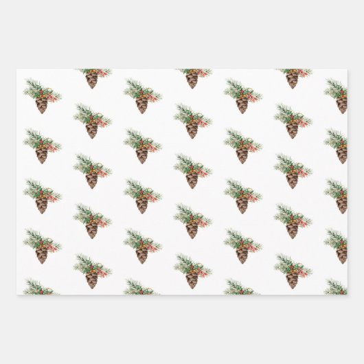 冬のデザインと松の球果のヴィンテージ  ラッピングペーパーシート (正面3)