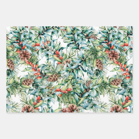 冬のデザインと松の球果のヴィンテージ  ラッピングペーパーシート (正面)