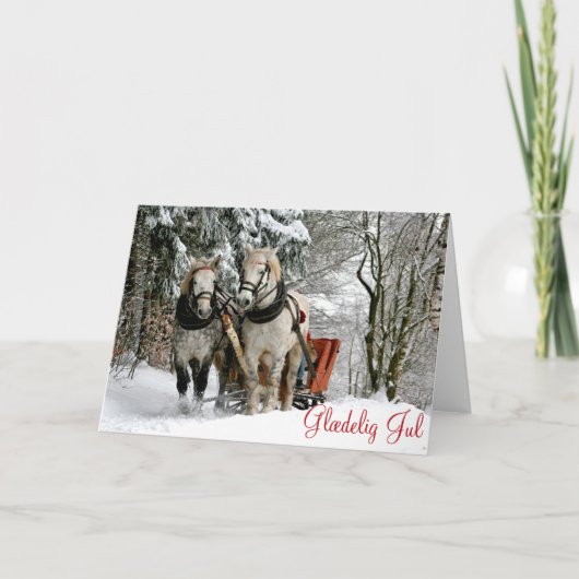 冬のデンマーク語のクリスマスの馬そしてそり シーズンカード (正面)