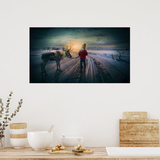 冬のトナカイと子供のクリスマス超現実的なプリント ポスター (キッチン)