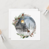 冬のトナカイのランタンのクリスマスグリーティングカード カード (正面/裏面インサイチュ)