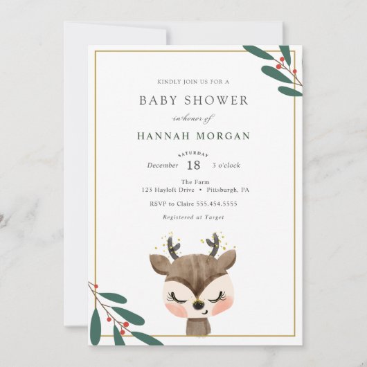 冬のトナカイの赤ちゃんシャワーの招待状 招待状 (正面)
