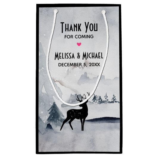 冬のトナカイ素朴グレーの水の色結婚の スモールペーパーバッグ (裏面)