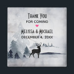 冬のトナカイ素朴グレーの水の色結婚の マグネット<br><div class="desc">松の木の間に黒いシルエットトナカイが立ち並ぶ水彩画のマグネット。グレーの黒と白のニュートラルな配色。</div>