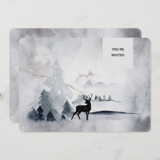 冬のトナカイ素朴グレーの水の色結婚の 招待状 (正面/裏面)