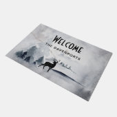 冬のトナカイ素朴グレーの水色へようこそ ドアマット (アングル)