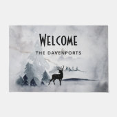 冬のトナカイ素朴グレーの水色へようこそ ドアマット (正面)