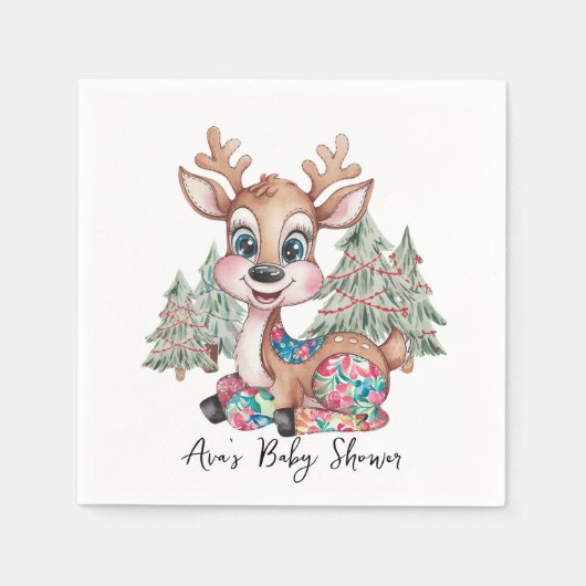 冬のトナカイ縫いパッチワーク赤ちゃんシャワー スタンダードカクテルナプキン (正面)