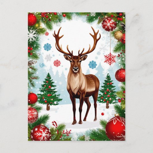 🦌 冬のトナカイ クリスマスのお祝い ポストカード (正面)