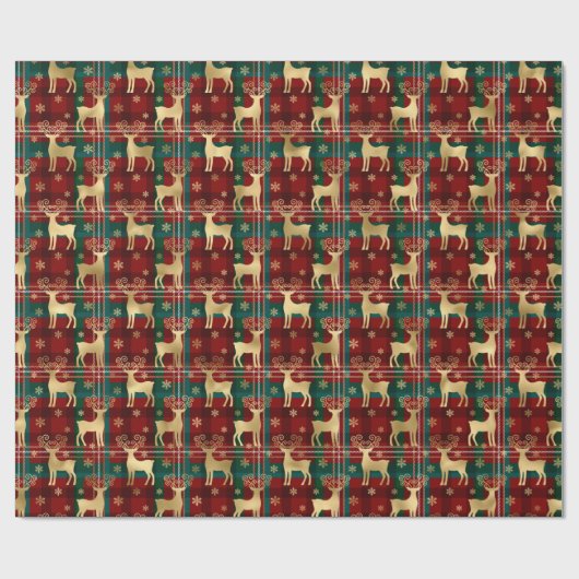 冬のトナカイ&スノーフレークタータンチェック&ゴールドフォイル ラッピングペーパー (フラット)
