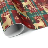 冬のトナカイ&スノーフレークタータンチェック&ゴールドフォイル ラッピングペーパー (ロールコーナー)