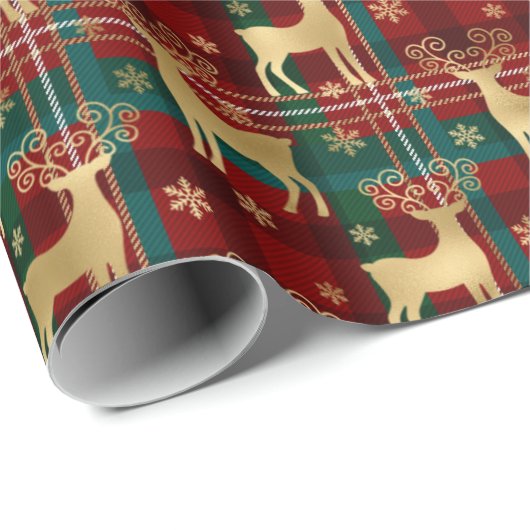 冬のトナカイ&スノーフレークタータンチェック&ゴールドフォイル ラッピングペーパー (ロールコーナー)