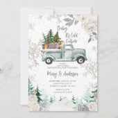 冬のトラックと動物のホワイトフラワージェンダー発表 招待状 (正面)