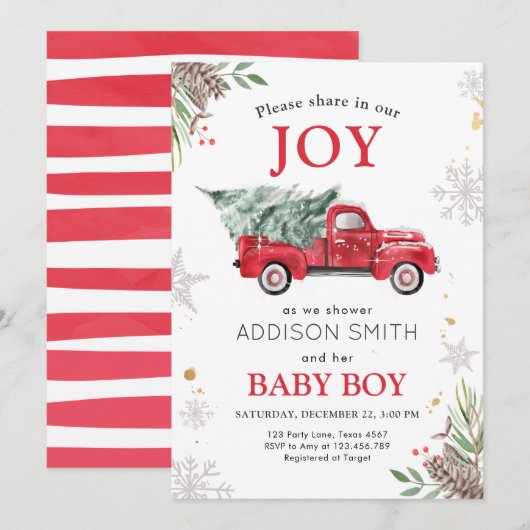 冬のトラックシェアジョイベビーシャワー寒い外 招待状 (正面/裏面)