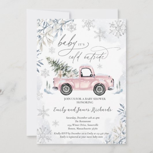 冬のトラック素朴のスノーフレーク赤ちゃんシャワー 招待状 (正面)
