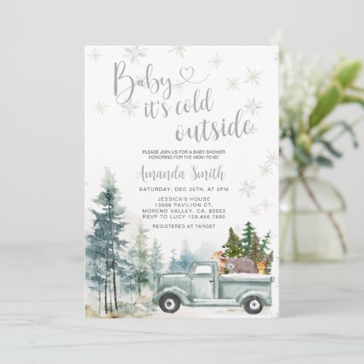 冬のトラック素朴の雪の結晶の森の赤ちゃんシャワー 招待状 (スタンド正面)