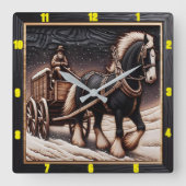 冬のトレイルパーソナライズされた: Charred Wood Clydesdale スクエア壁時計 (正面)