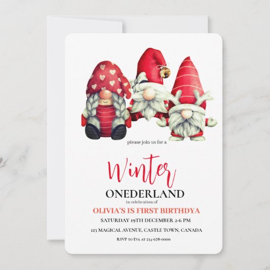 冬のドワーフScandiかわいい誕生日パーティー 招待状 (正面)