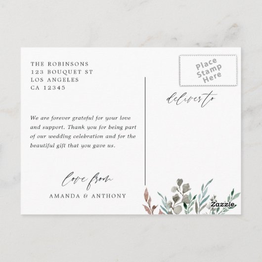 冬のナチュラルグリーン ウェディング フォト サンクス ポストカード (裏面)