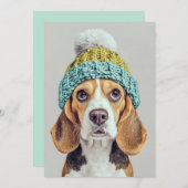 冬のニット帽を被ったもふもふビーグル 招待状 (正面/裏面)