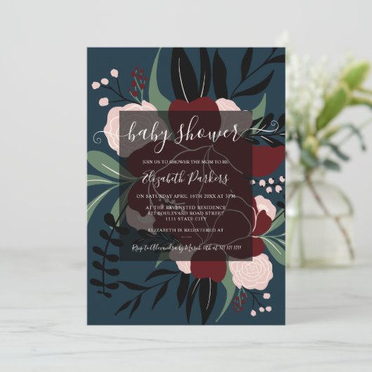 冬のネイビーブルー赤の編集可能フローラ赤のシャワー 招待状 (スタンド正面)