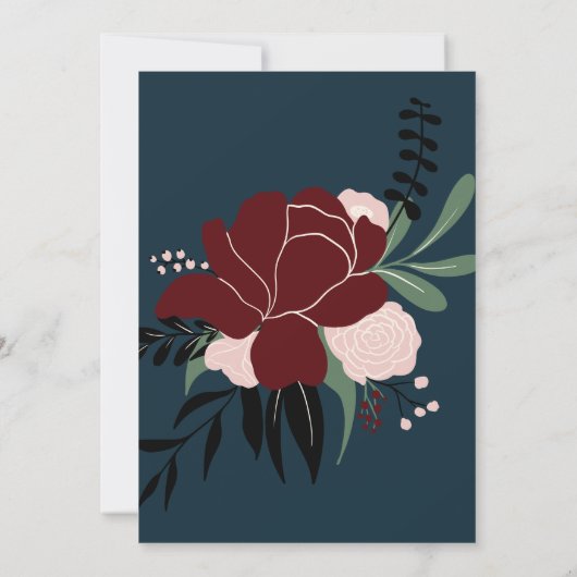 冬のネイビーブルー赤の編集可能フローラ赤のシャワー 招待状 (裏面)