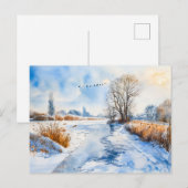 冬のハーフェルラントの雪に覆われた川辺の水彩画 ポストカード (正面/裏面)