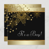 冬のバックと金ゴールド雪の結晶男の赤ちゃんシャワー 招待状 (正面/裏面)