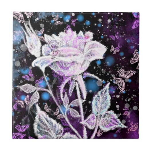 冬のバラと蝶のセラミック絵を描タイル タイル (正面)