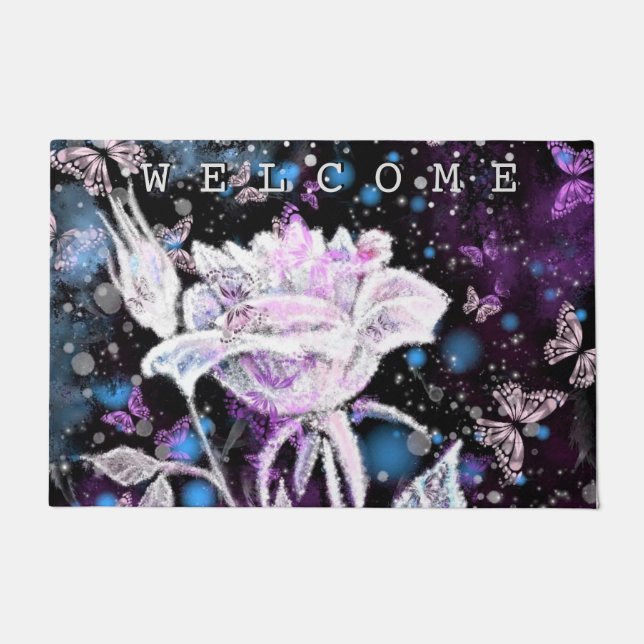 冬のバラと蝶の行儀歓迎 ドアマット (正面)